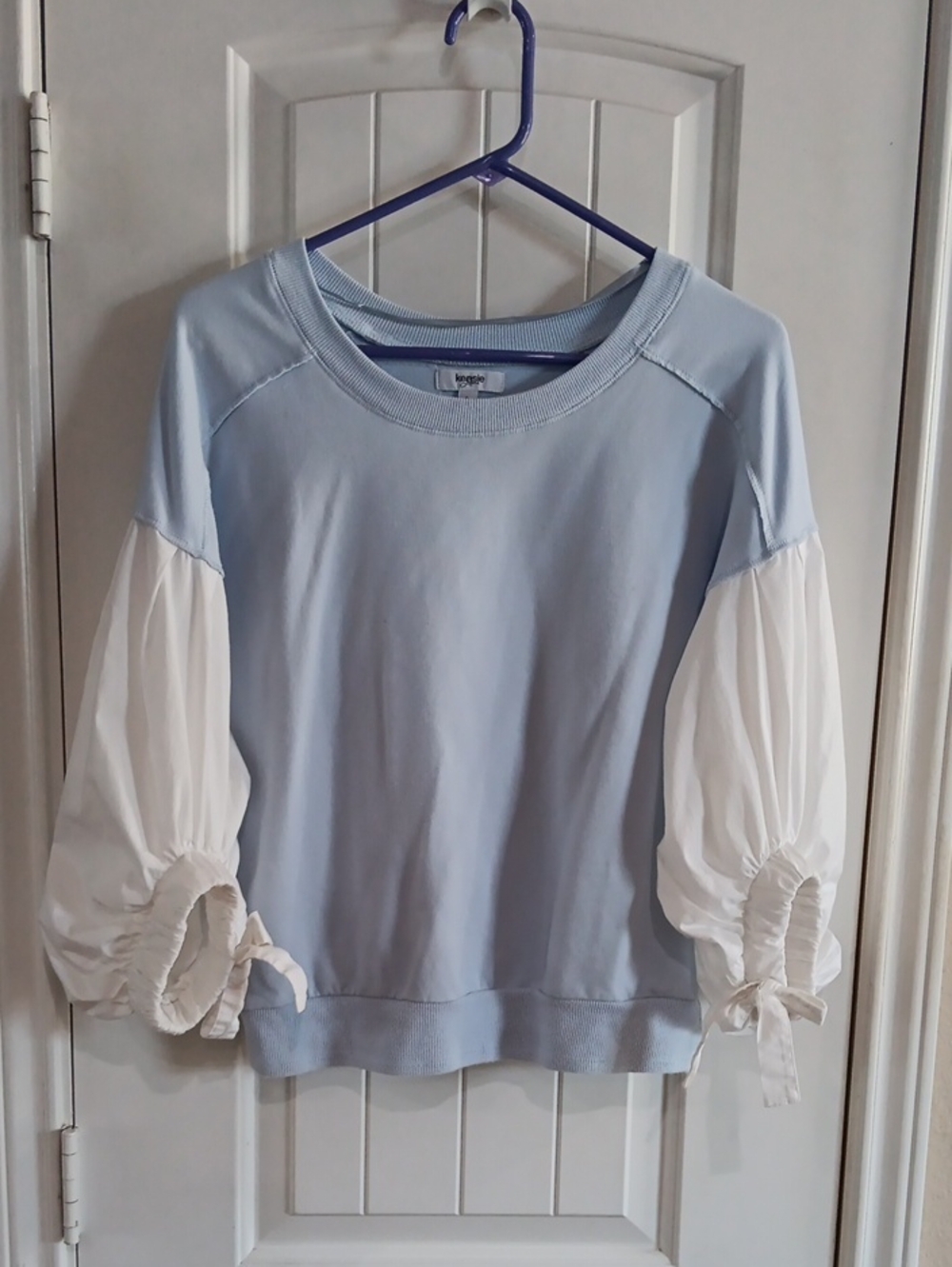 Kensie Jeans Mixed Media Balloon Sleeve Pullover Sweatshirt Blue White Large